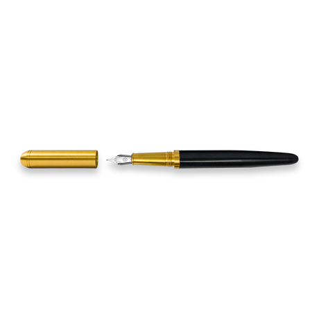 The Webson Gill Captain Edition Fountain Pen - Black, featuring a solid brass cap and stainless steel nib, is shown uncapped on a white background.