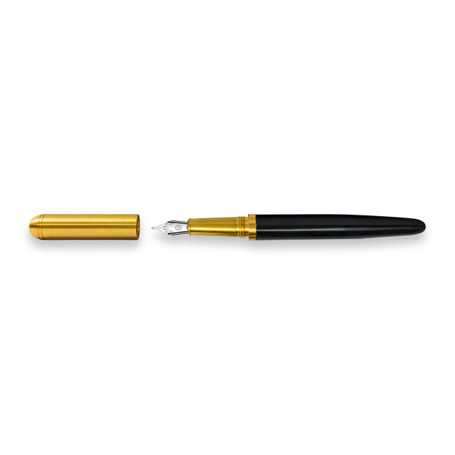 The Webson Gill Captain Edition Fountain Pen - Black, featuring a solid brass cap and stainless steel nib, is shown uncapped on a white background.