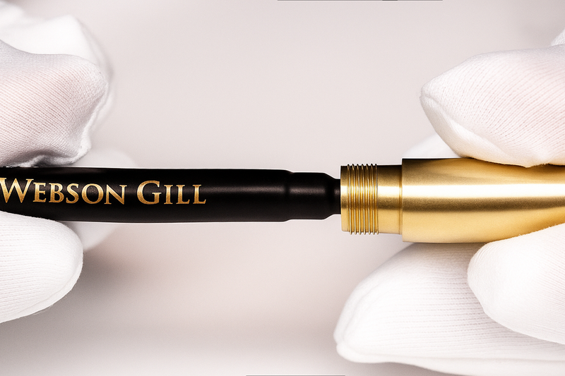 Gloved hands assembling a black and gold pen labeled "WEBSON GILL.
