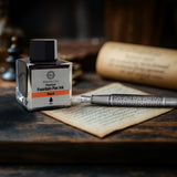 A jar of Webson Gill Black Ink Universal Fountain Pen Refill sits beside a handwritten letter on a wooden desk.
