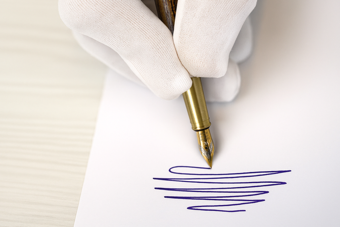 A gloved hand holds a fountain pen, drawing blue lines on a blank white sheet of paper.