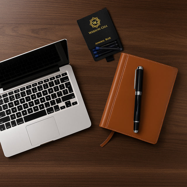 A laptop, a brown notebook, and The Mogul Fountain Pen by Webson Gill with blue ink cartridges are arranged on a wooden desk.