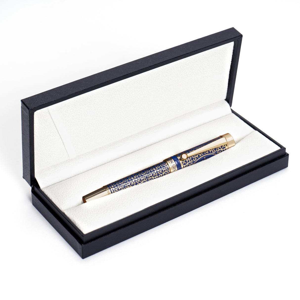 The Regal Fountain Pen by Webson Gill features gold brass filigree and comes elegantly boxed in black and white—an exquisite choice for fountain pen collectors.
