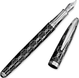 The WG ‘The Weaver’ Everyday Fountain Pen features a sleek black body with a silver lattice design, shown uncapped with the cap beside it, and is designed to deliver a smooth writing experience.