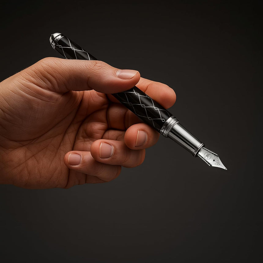 A hand holds WG’s ‘The Weaver’ Everyday Fountain Pen, featuring a black and silver lattice design and a stainless steel medium nib, poised against a dark background.