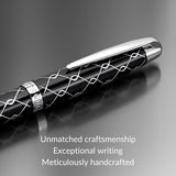 WG’s ‘The Weaver’ Everyday Fountain Pen features a black silver lattice design, stainless steel medium nib and clip, and is crafted for a smooth writing experience. Shown resting on gray, with text highlighting its craftsmanship below.