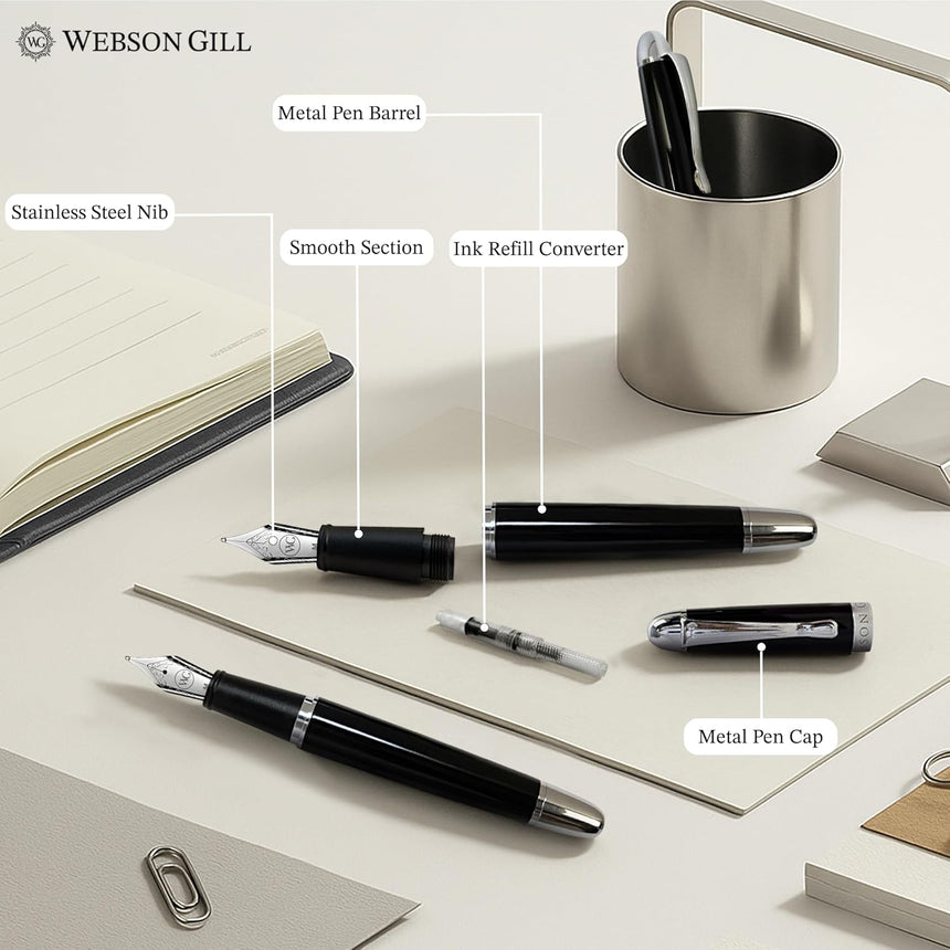A disassembled WG 'The Boss' Everyday Fountain Pen—with stainless steel nib and piston ink converter—has labeled parts displayed beside a notebook and pen holder on a desk.