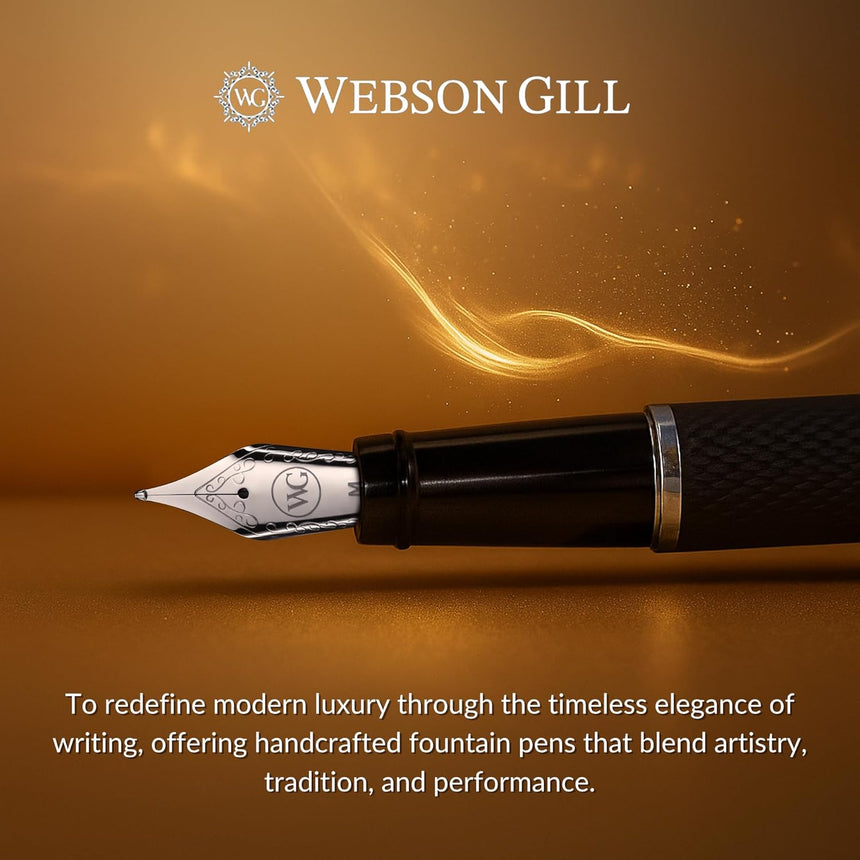 The 'Show Up' Everyday Fountain Pen by WG features a medium stainless steel nib, diamond guilloché gold pattern, and the signature WG logo—a true statement of elegance.