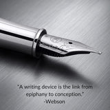 A close-up of WG’s ‘The Weaver’ Everyday Fountain Pen in silver lattice, renowned for its smooth writing, with a quote about writing by Webson displayed below.