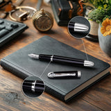 WG's 'The Boss' Everyday Fountain Pen, featuring a stainless steel nib, is displayed with its cap and clip in focus beside a notebook on a wooden desk, accented by nearby flowers for an elegant scene.