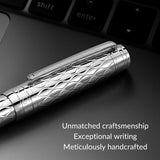 The WG ‘The Mirror’ Everyday Fountain Pen, featuring a silver metal body with a textured pattern and stainless steel nib, is praised for its superior craftsmanship and smooth writing on any keyboard workstation.