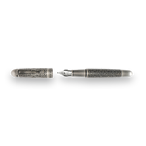 The Webson Gill Admiral Fountain Pen, shown uncapped, boasts an antique silver finish and intricate engravings on the cap and barrel—an impressive example of artistic craftsmanship.