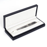 The Webson Gill Admiral Fountain Pen features an antique silver finish and artistic craftsmanship, presented in a black and white case on a white background.