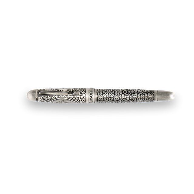 The Webson Gill Admiral Fountain Pen features an elegant design with intricate floral engravings on the barrel and cap, finished in antique silver and displayed on a white background.