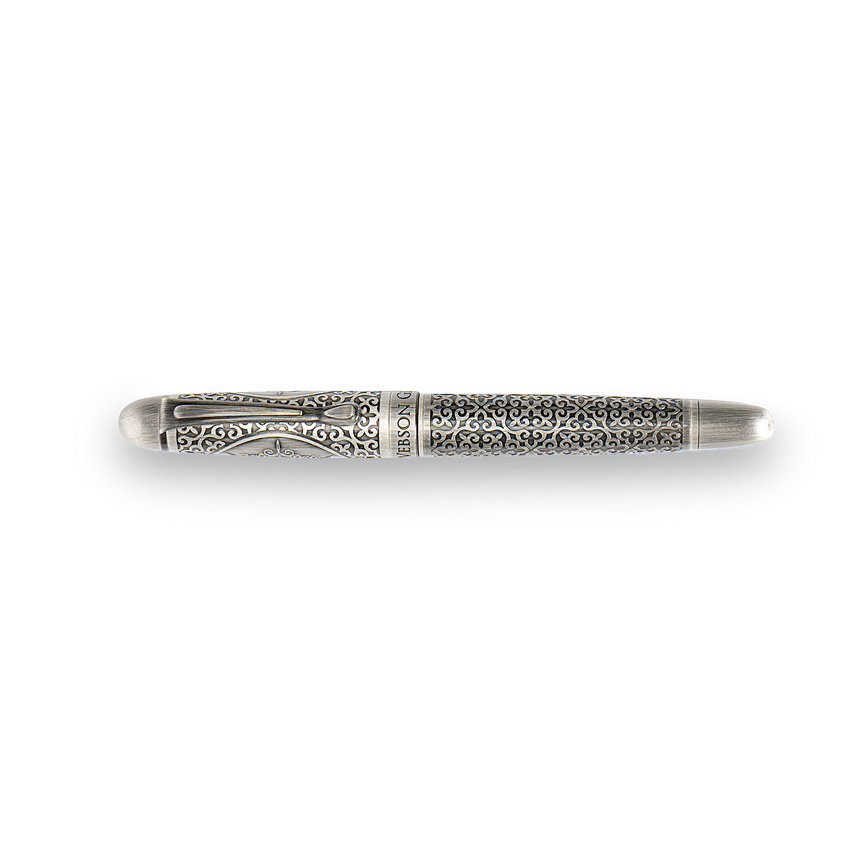 The Webson Gill Admiral Fountain Pen features an elegant design with intricate floral engravings on the barrel and cap, finished in antique silver and displayed on a white background.