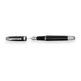 The WG 'The Boss' Everyday Fountain Pen, featuring a black and silver design with a stainless steel nib, is shown with its cap removed on a white background.