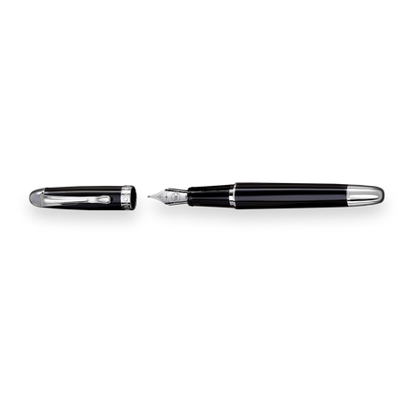 The WG 'The Boss' Everyday Fountain Pen, featuring a black and silver design with a stainless steel nib, is shown with its cap removed on a white background.