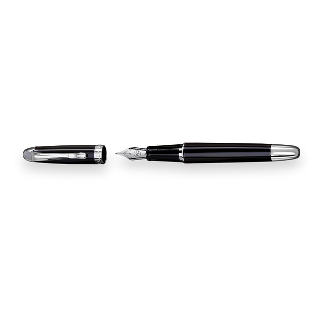 The WG 'The Boss' Everyday Fountain Pen, featuring a black and silver design with a stainless steel nib, is shown with its cap removed on a white background.