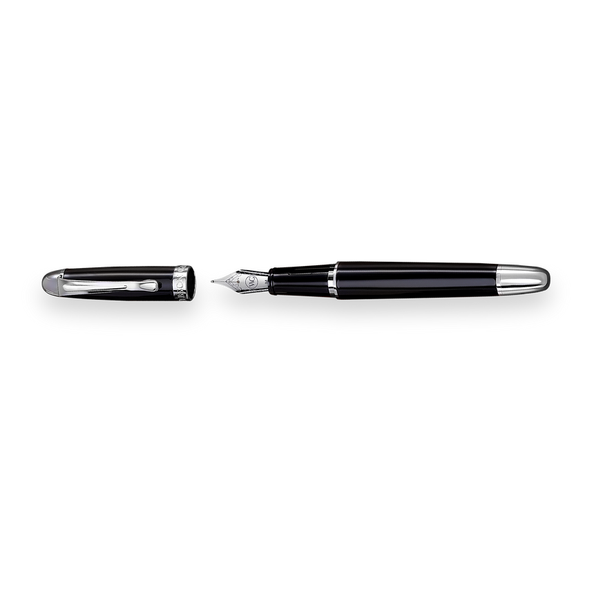 The WG 'The Boss' Everyday Fountain Pen, featuring a black and silver design with a stainless steel nib, is shown with its cap removed on a white background.