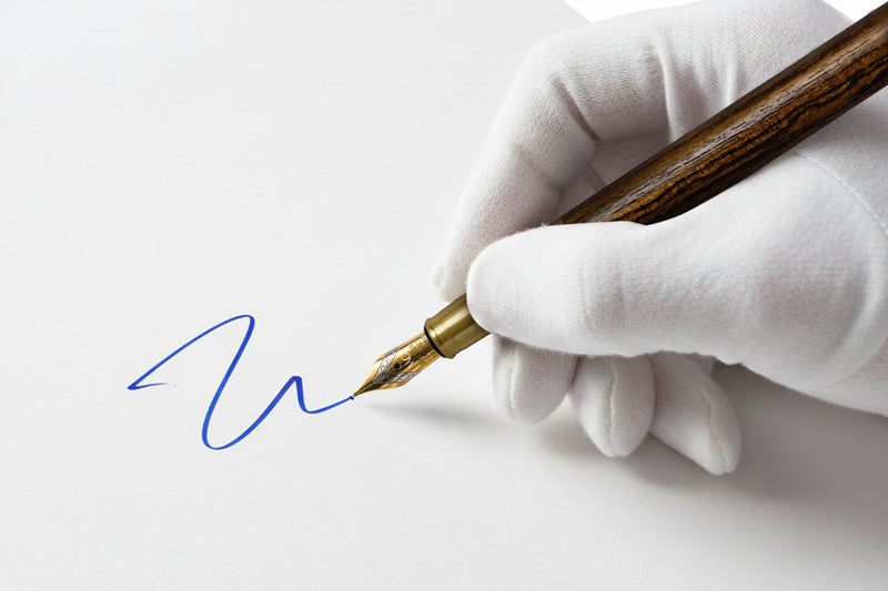 A gloved hand writing a blue squiggle with a wooden fountain pen on white paper.