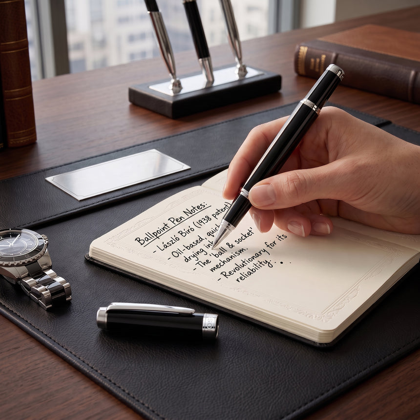 A hand writes notes in a notebook on a desk with The Mogul Premium Ballpoint Pen by Webson Gill, accented by a luxury watch and city view, showcasing the smooth ink flow of this executive writing instrument.