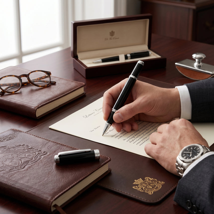 A person signs a formal document at a desk with notebooks, a pen case, and glasses nearby, carefully wielding Webson Gill’s 'The Mogul' Premium Ballpoint Pen, celebrated for its smooth ink flow.