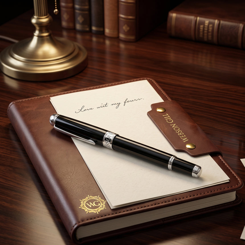 A 'The Mogul' Premium Ballpoint Pen by Webson Gill rests on a leather journal with Lesson one and Love with my fears. written on the page.