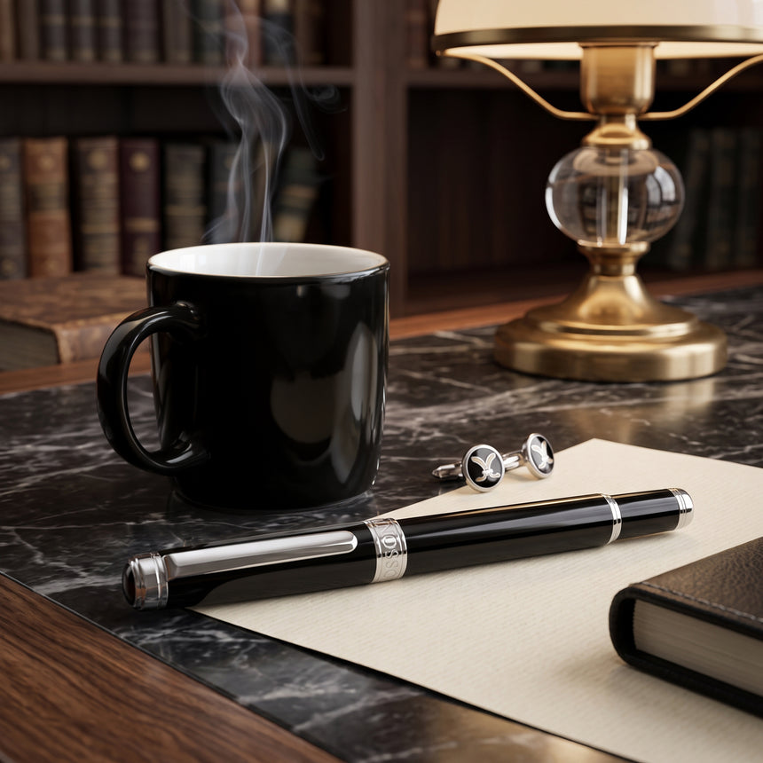 A steaming mug, Webson Gill "The Mogul" Premium Ballpoint Pen with smooth ink flow, cufflinks, and a lamp sit on a marble desk with bookshelves in the background.