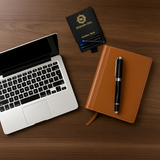 A laptop, brown notebook with pen, and the Webson Gill 'The Mogul' Premium Fountain Pen featuring a stainless steel nib rest on a wooden desk.