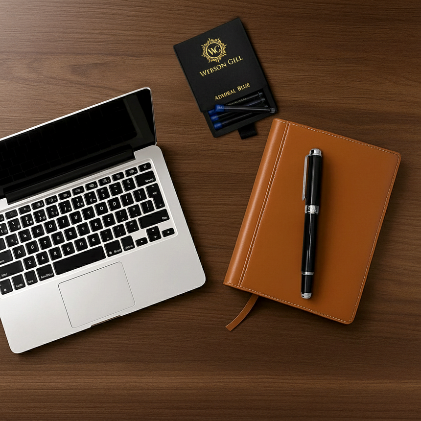 A laptop, brown notebook with pen, and the Webson Gill 'The Mogul' Premium Fountain Pen featuring a stainless steel nib rest on a wooden desk.