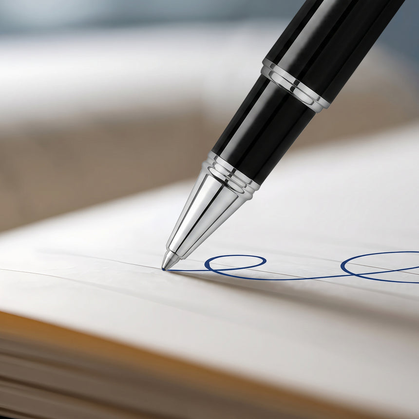 A close-up of 'The Mogul' Premium Ballpoint Pen by Webson Gill, featuring a smooth ink flow as it writes a blue ink signature on white paper.
