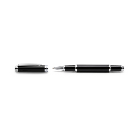 The Webson Gill 'The Mogul' Premium Ballpoint Pen, shown in black and silver with its cap removed, both components lying horizontally on a white background, is designed for smooth ink flow.