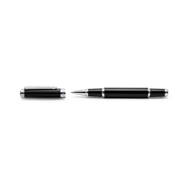 The Webson Gill 'The Mogul' Premium Ballpoint Pen, shown in black and silver with its cap removed, both components lying horizontally on a white background, is designed for smooth ink flow.