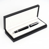 The Webson Gill 'The Mogul' Premium Ballpoint Pen, featuring a black luxury finish with silver accents, is elegantly displayed in an open black and white presentation box on a white background. It offers smooth ink flow for an exceptional writing experience.