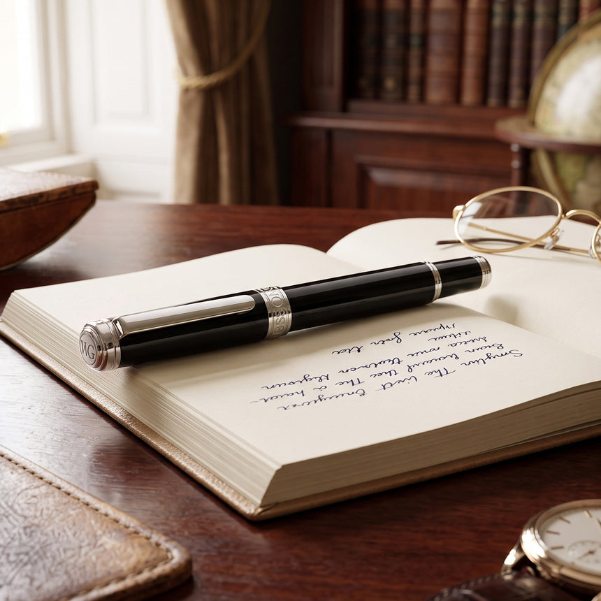 A Webson Gill 'The Mogul' Premium Ballpoint Pen with smooth ink flow rests on an open notebook with handwritten text on a wooden desk beside glasses.