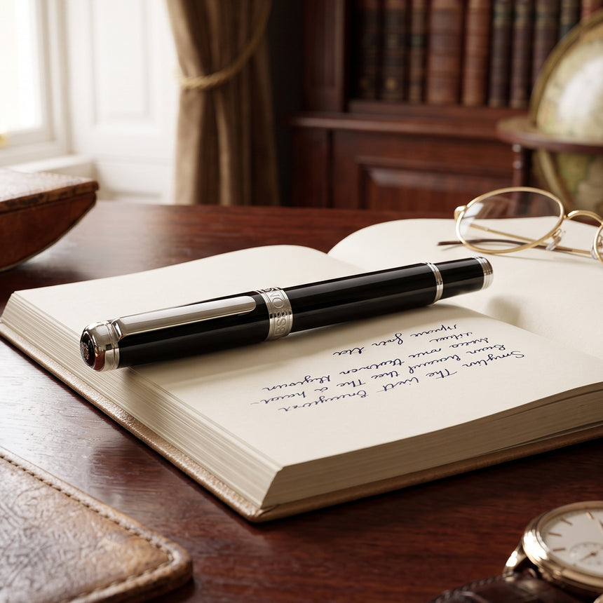 A Webson Gill "The Mogul" Premium Ballpoint Pen in black rests on an open notebook filled with handwritten notes, next to a pair of eyeglasses.