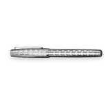 The WG ‘The Mirror’ Everyday Fountain Pen, featuring a silver metal body with diamond-patterned texture, stainless steel nib, and cap, is displayed on a white background.