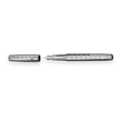 The WG ‘The Mirror’ Everyday Fountain Pen, a silver metal pen with a textured pattern and stainless steel nib, is shown with its cap beside it on a white background.