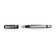 The WG ‘The Raider’ Everyday Fountain Pen, featuring a black and silver design with a textured barrel and stainless steel medium nib, rests beside its black cap on a white background.