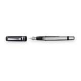 The WG ‘The Raider’ Everyday Fountain Pen, featuring a black and silver design with a textured barrel and stainless steel medium nib, rests beside its black cap on a white background.