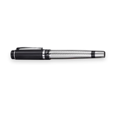 The WG ‘The Raider’ Everyday Fountain Pen, featuring a black and silver finish, textured barrel, stainless steel medium nib, and cap clip, is displayed elegantly on a white background.