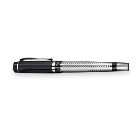 The WG ‘The Raider’ Everyday Fountain Pen, featuring a black and silver finish, textured barrel, stainless steel medium nib, and cap clip, is displayed elegantly on a white background.