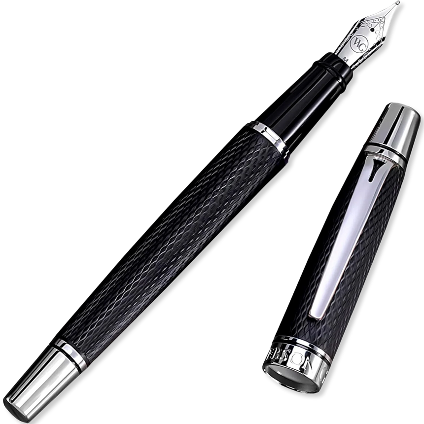 The WG 'Show Up' Everyday Fountain Pen features a black and silver design with a diamond guilloché textured barrel and a detached cap, displayed on a white background.