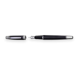 The WG 'Show Up' Everyday Fountain Pen showcases a sleek black finish with a stainless steel medium nib and cap, both embellished with a diamond guilloché pattern, presented on a plain white background.