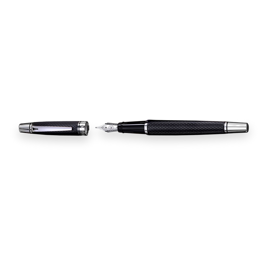 The WG 'Show Up' Everyday Fountain Pen showcases a sleek black finish with a stainless steel medium nib and cap, both embellished with a diamond guilloché pattern, presented on a plain white background.