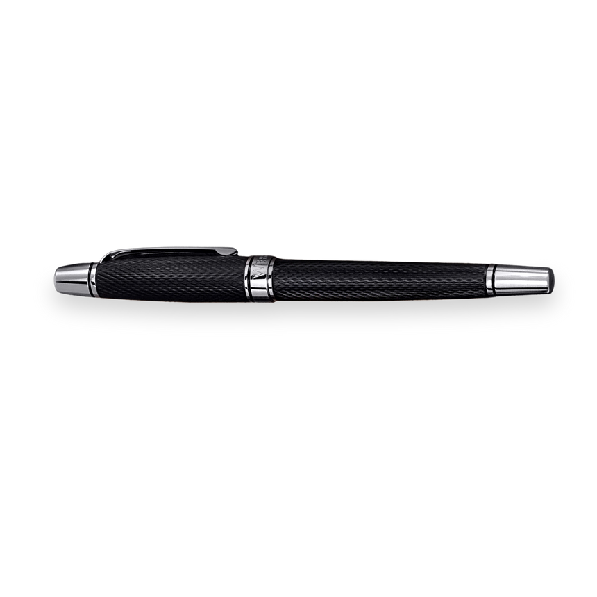 The WG 'Show Up' Everyday Fountain Pen features a diamond guilloché pattern, silver accents, and a stainless steel medium nib, displayed horizontally on a white background.