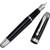 The WG 'The Boss' Everyday Fountain Pen, featuring a black and silver design with a stainless steel nib, is shown with its cap beside it on a white background.