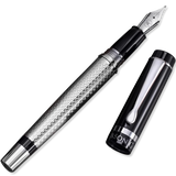 The WG ‘The Raider’ Everyday Fountain Pen features a silver and black textured barrel, stainless steel nib, and a detached cap—an elegant choice for any executive pen collection.