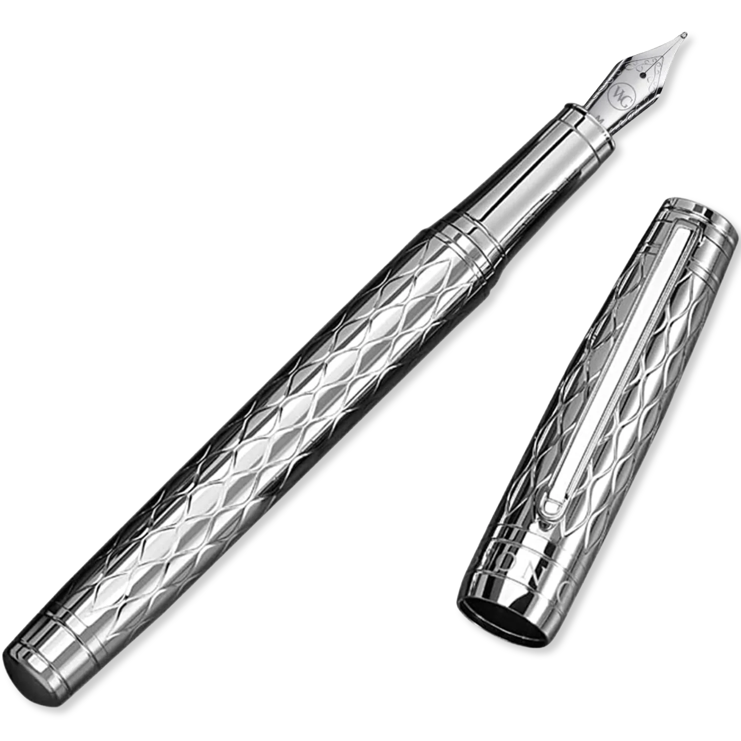 The WG ‘The Mirror’ Everyday Fountain Pen features a diamond-patterned silver barrel, matching cap, and a stainless steel nib for smooth writing.