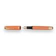 The Muse Fountain Pen by Webson Gill is an orange pen with an ergonomic design, featuring a gold-plated nib and a matching cap, both accented with gold.